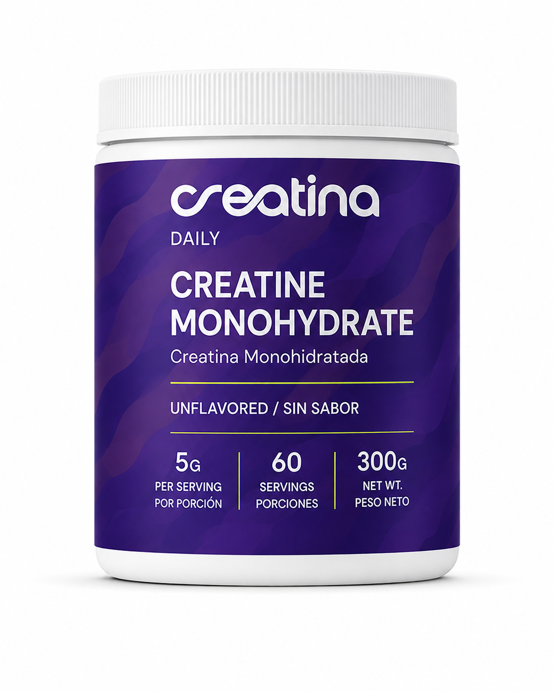 Front view of Creatina Daily 300g unflavored creatine monohydrate jar with 5g servings and bilingual English Spanish label