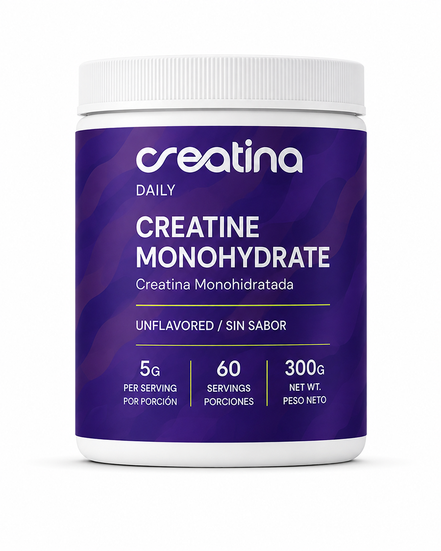 Front view of Creatina Daily 300g unflavored creatine monohydrate jar with 5g servings and bilingual English Spanish label