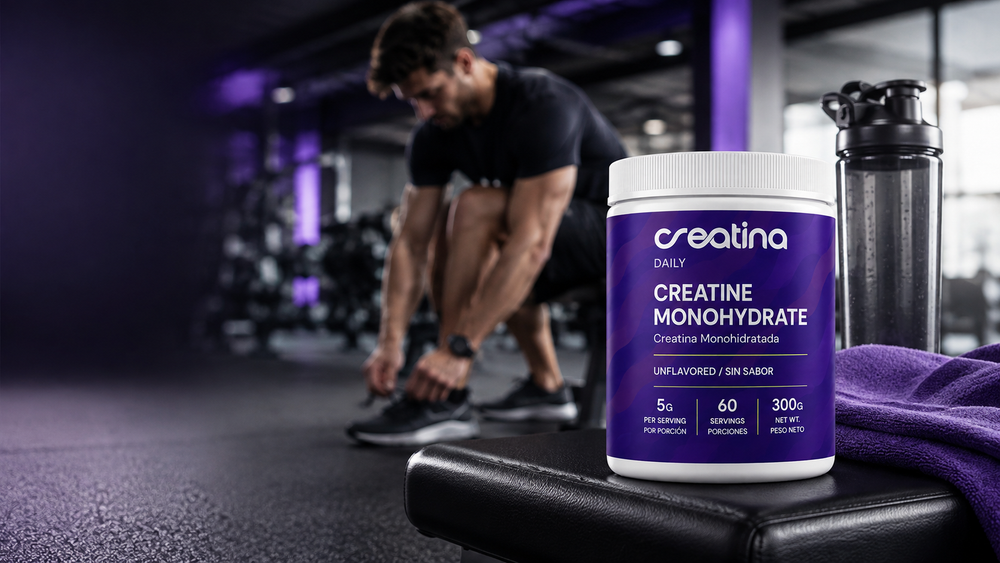 Creatina Daily creatine monohydrate jar on a gym bench beside a shaker