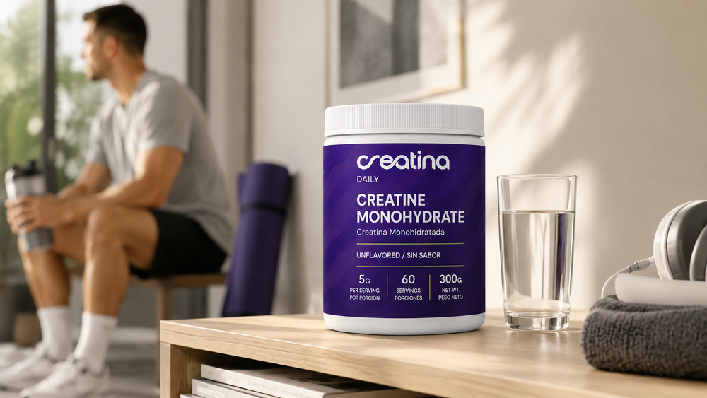 Creatina Daily creatine monohydrate jar beside water and fitness accessories for a consistent daily routine