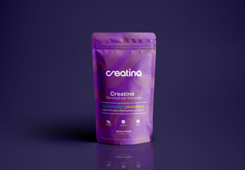 Creatine monohydrate gummies in a purple bag