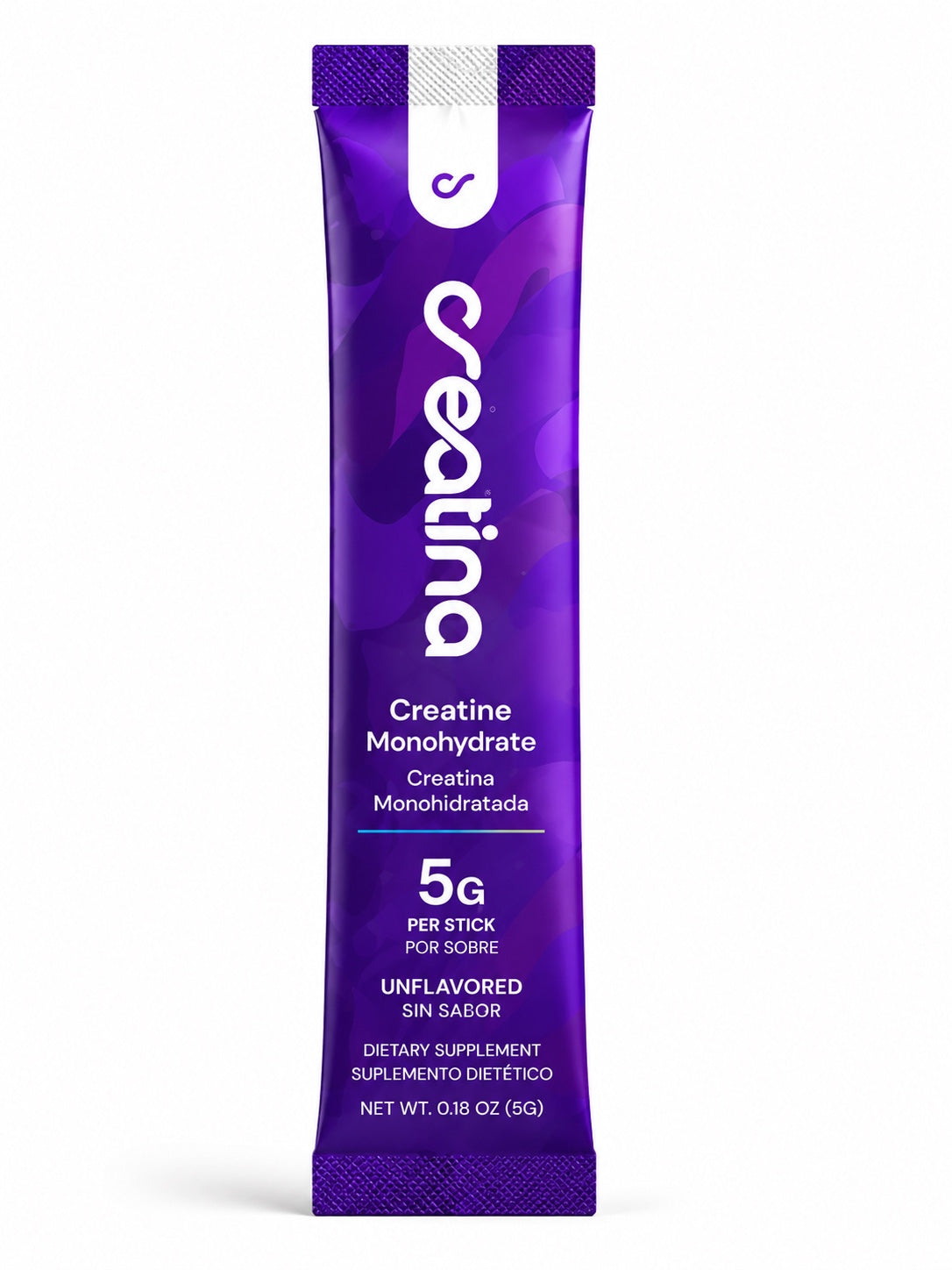 Front of Creatina Daily 5g unflavored creatine monohydrate single-serve stick pack
