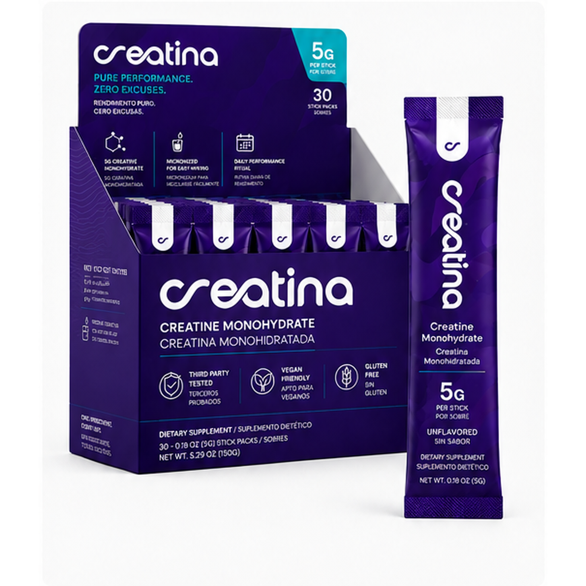 Creatina Daily 5g creatine monohydrate stick packs, 30-count box with single-serve stick