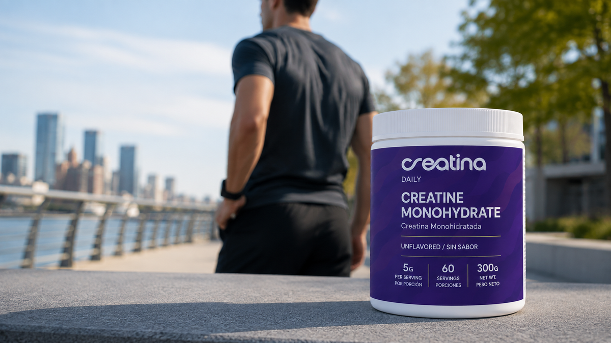 Creatina Daily 300g creatine monohydrate jar outdoors beside an athlete after a run