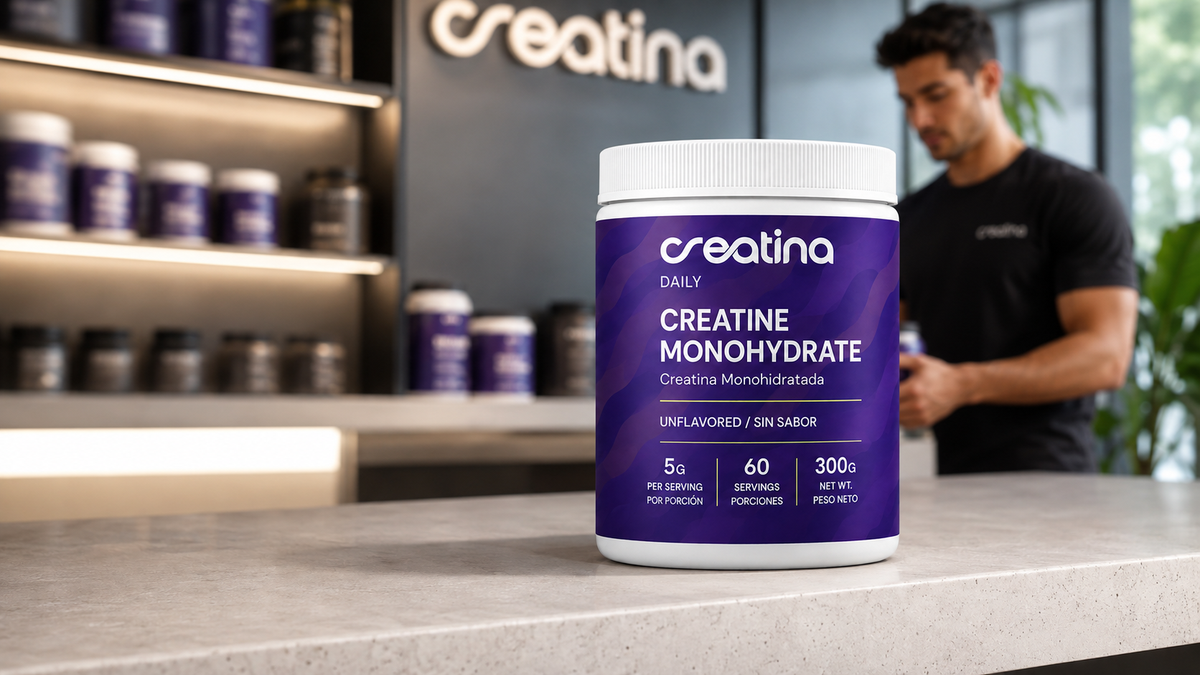 Creatina Daily 300g creatine monohydrate jar displayed in a modern supplement and wellness store