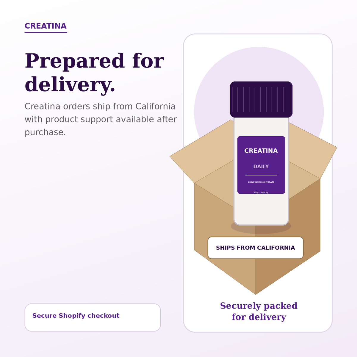 Creatina Daily shipping presentation showing the 300g jar securely packed for delivery from California