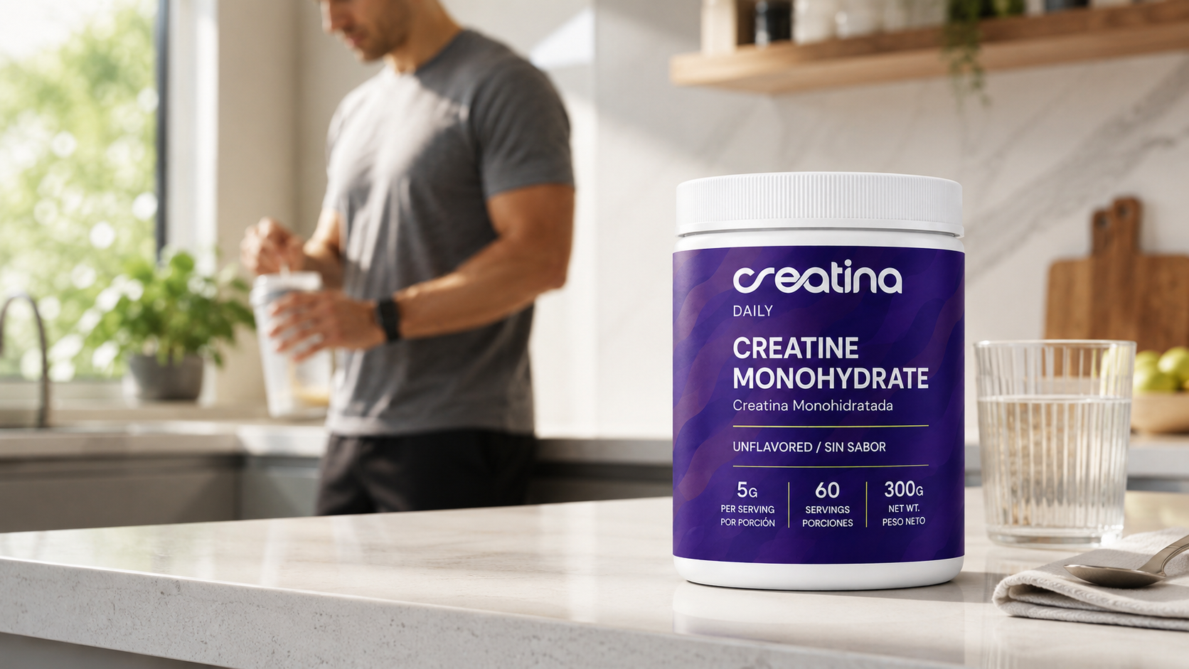 Creatina Daily 300g creatine monohydrate jar on a bright kitchen counter beside water during a morning routine
